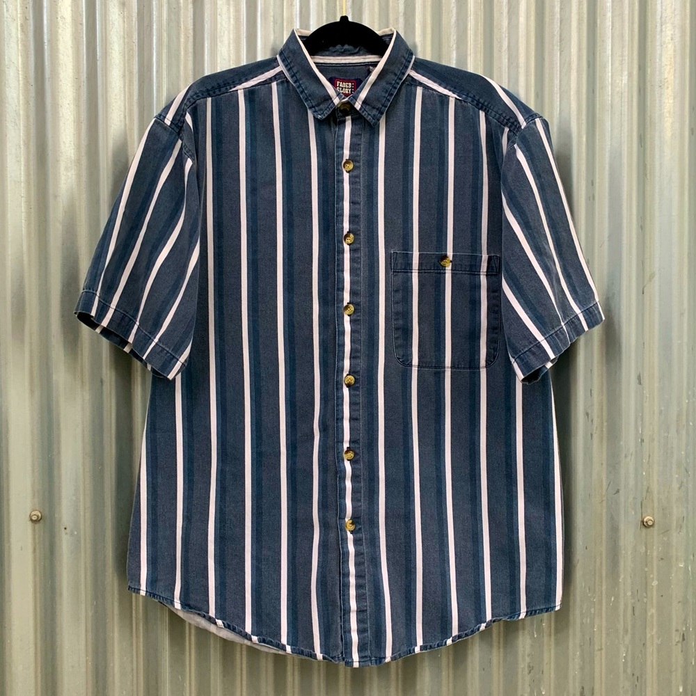 FADED GLORY Denim Striped Button-Up Vintage Skater Pin Stripe Retro Western Blue